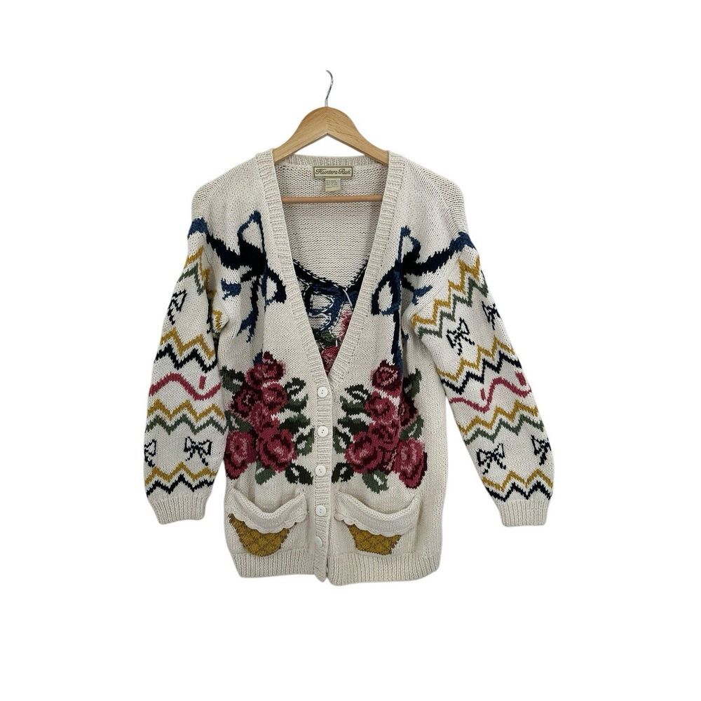 Vintage Cardigan Sweater Hunters Run Floral Knit Womens Size L Grandmacore Retro